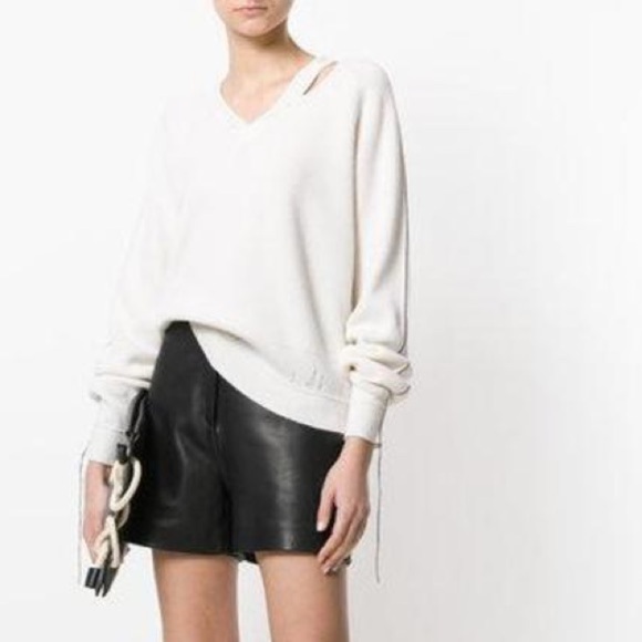 Helmut Lang Distressed V Neck Sweater Cut Out Rib Knit Off White Sz XS - Picture 3 of 16